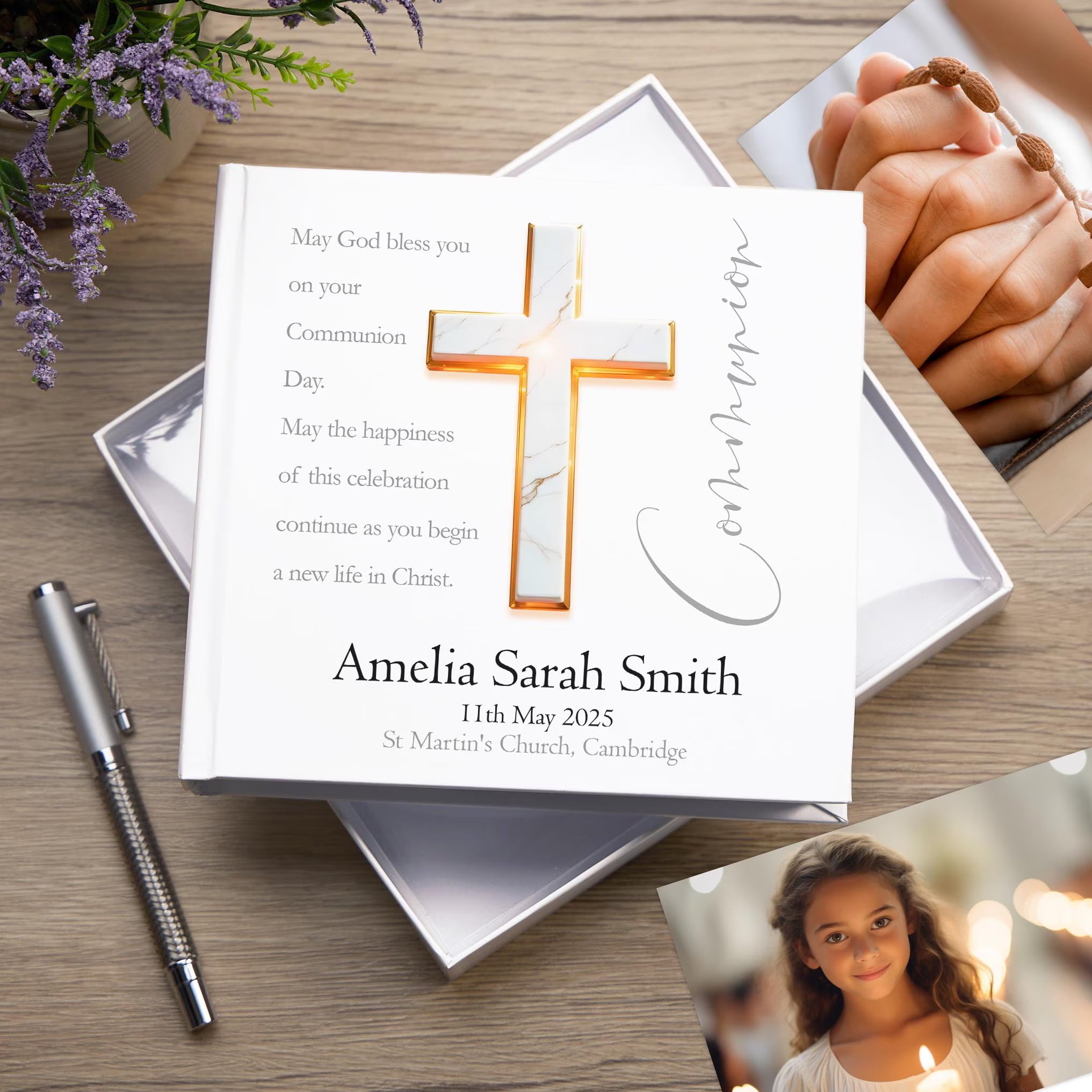 Personalised First Holy Communion Photo Album With Marble Cross ukgiftstoreonline