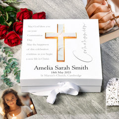 Personalised Communion Keepsake Memory Box Gift With Marble Cross ukgiftstoreonline Ribbon Medium