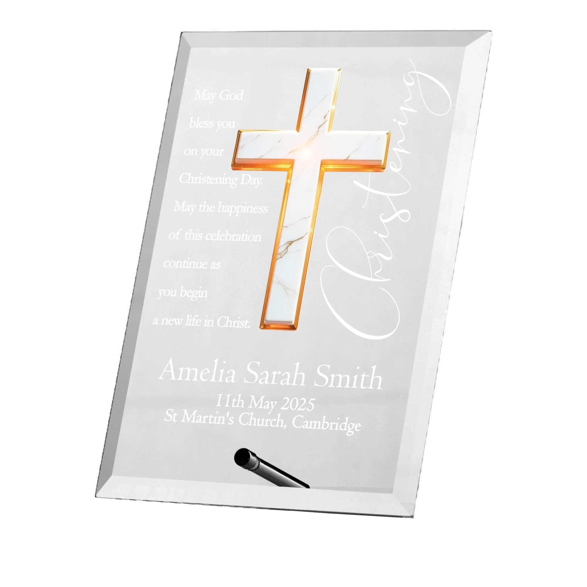 Personalised Christening Keepsake Plaque Gift With Marble Cross ukgiftstoreonline
