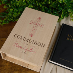 Personalised Communion Wooden Keepsake Memory Book Pink Cross ukgiftstoreonline