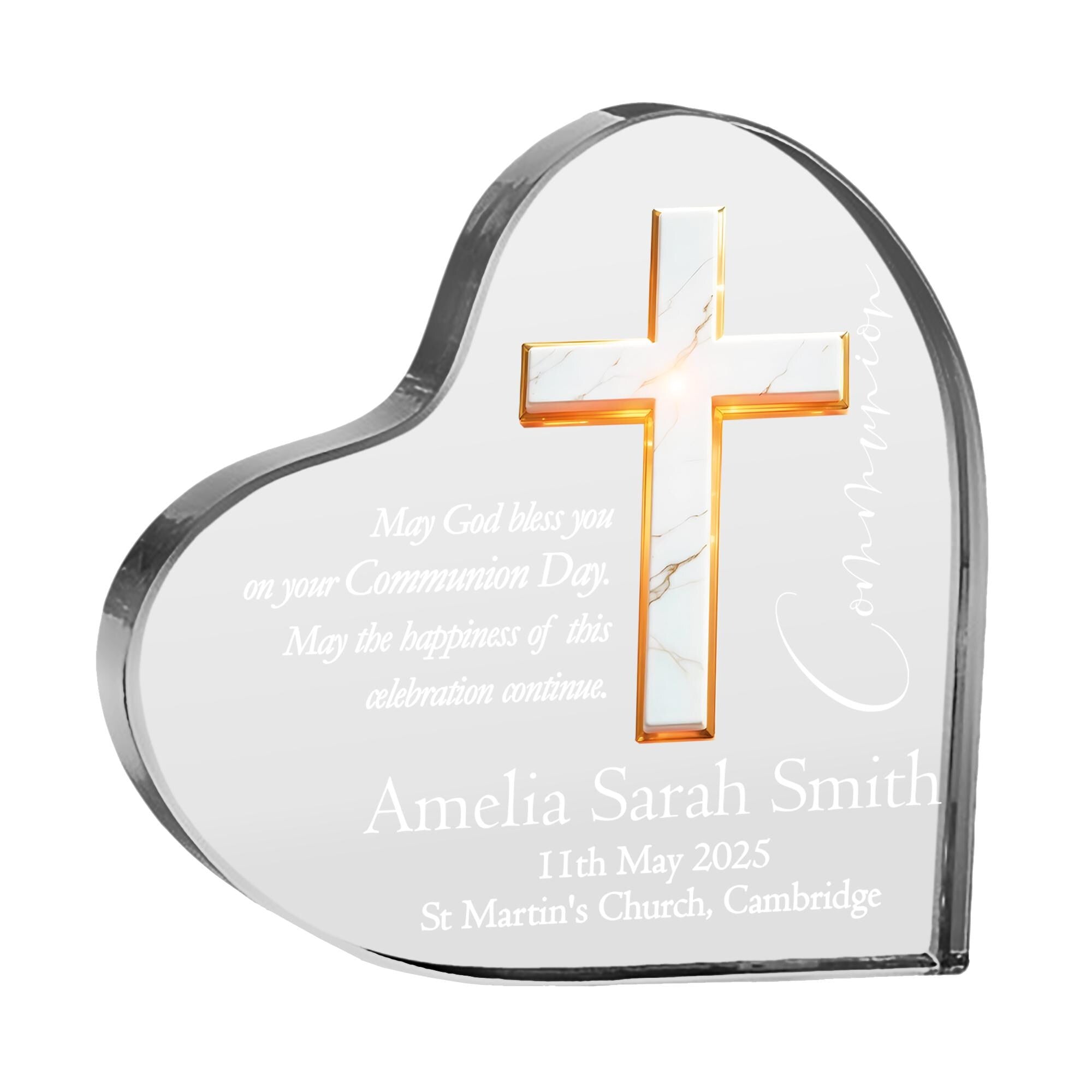 Personalised Communion Heart Block With Marble Cross In Gift Box ukgiftstoreonline