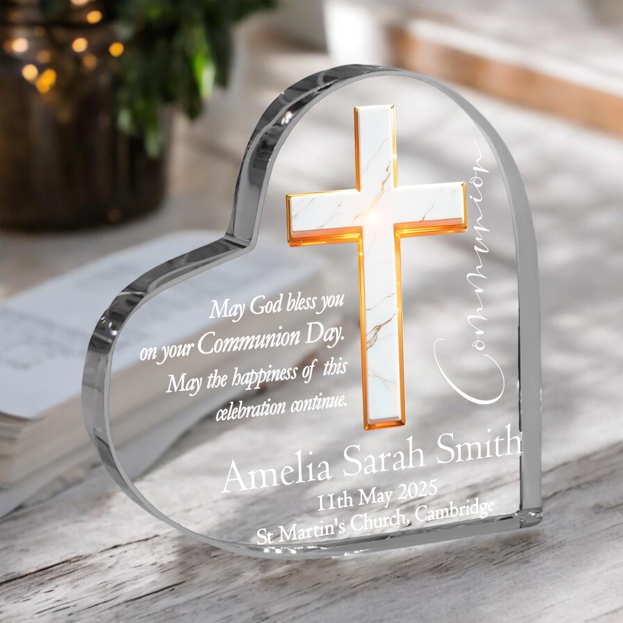 Personalised Communion Heart Block With Marble Cross In Gift Box ukgiftstoreonline