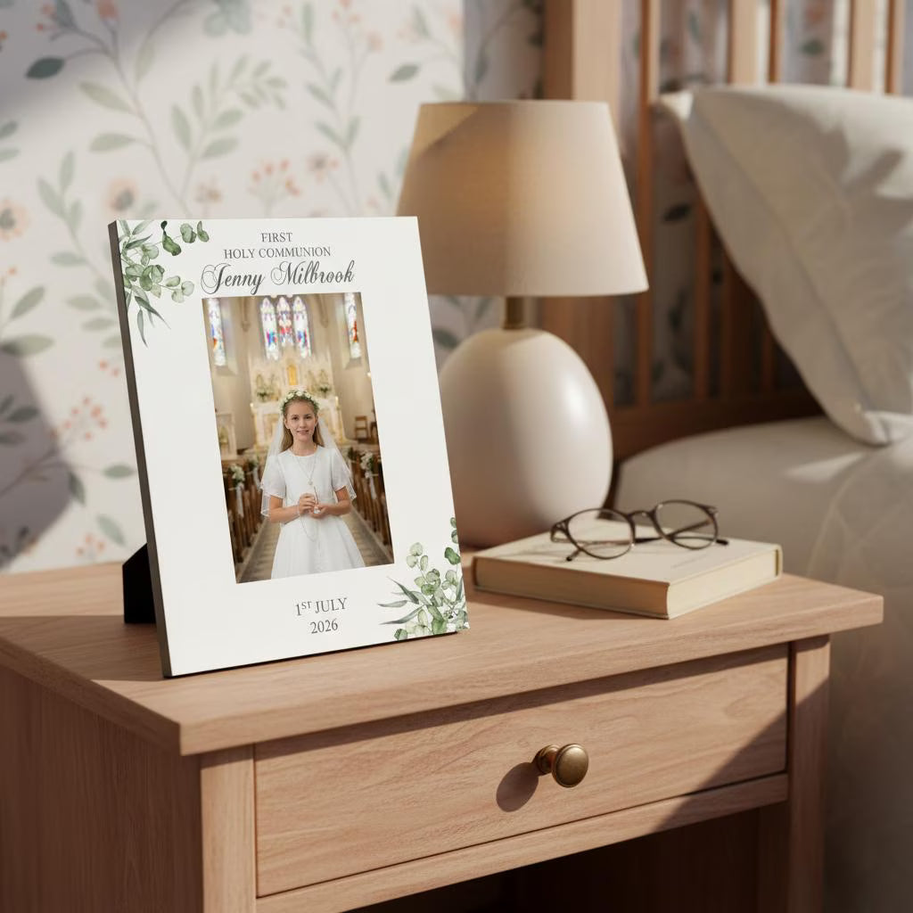 Personalised First Holy communion Elegant Photo Frame Gift With Leaves ukgiftstoreonline