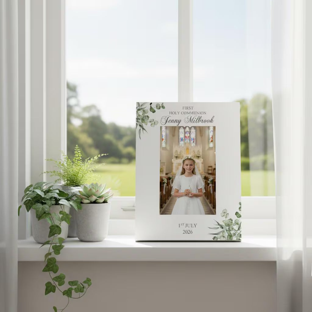 Personalised First Holy communion Elegant Photo Frame Gift With Leaves ukgiftstoreonline