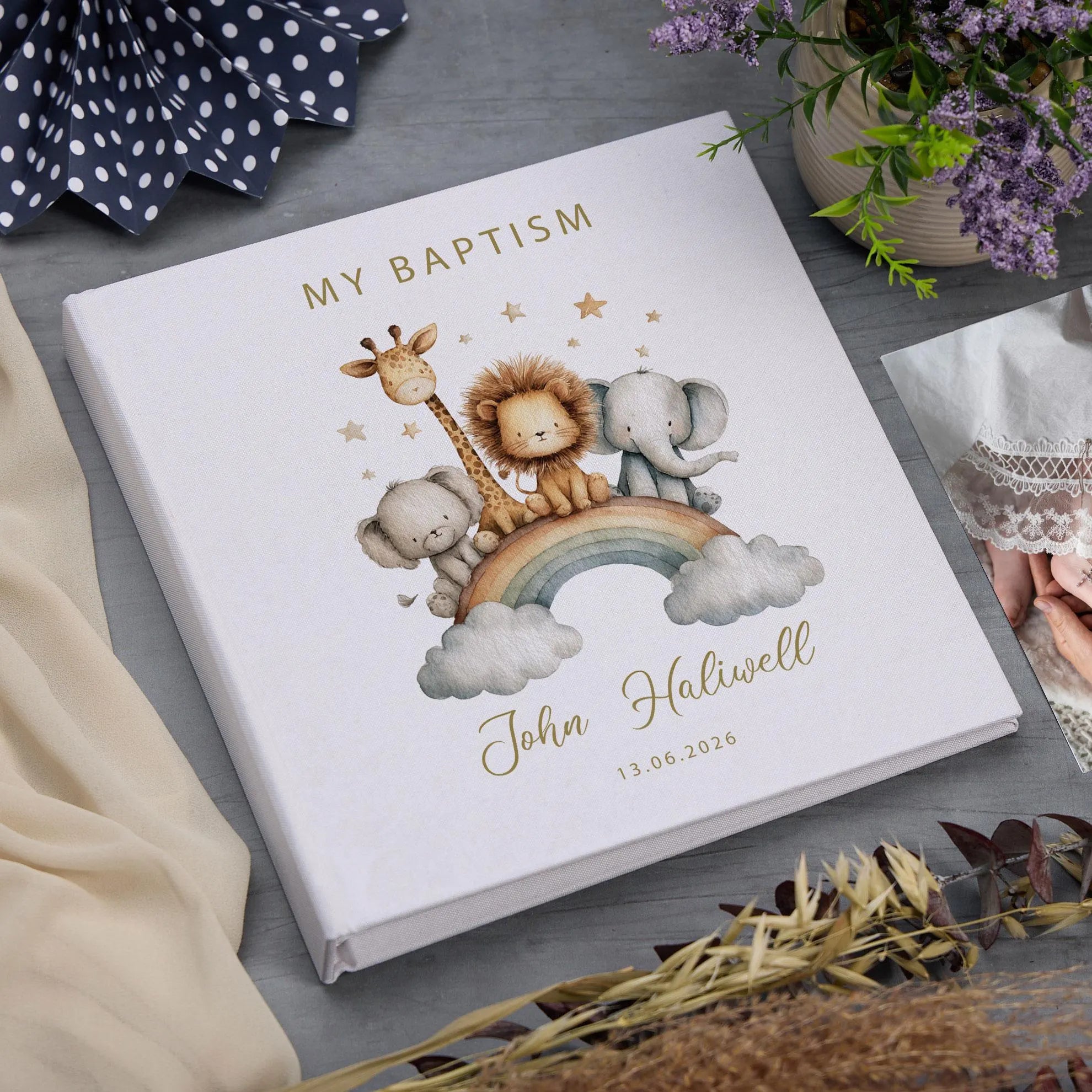 Large Personalised Book Bound My Christening-Baptism-First Holy Communion-Confirmation Memory Book Safari Animals Design Photo Album ukgiftstoreonline