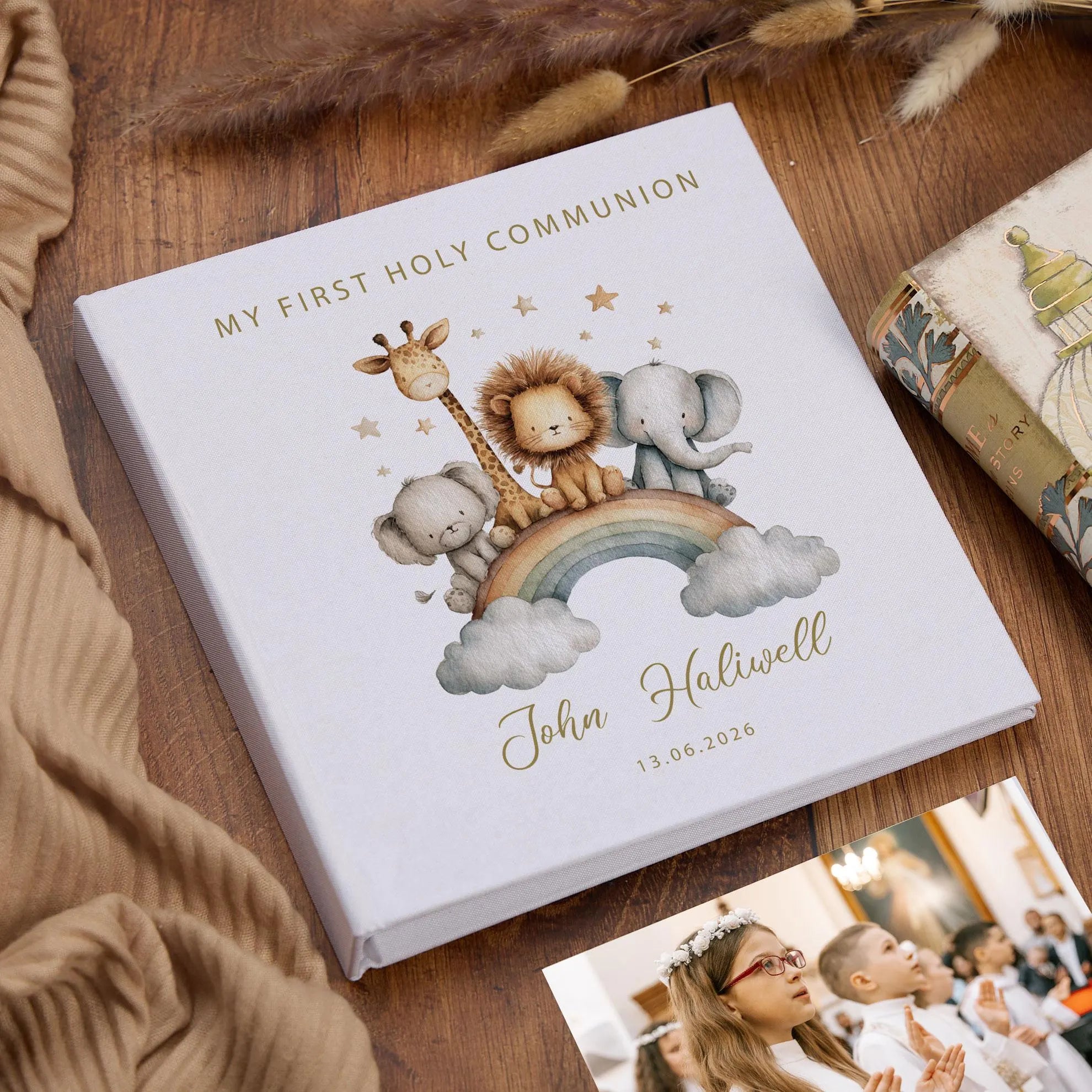 Large Personalised Book Bound My Christening-Baptism-First Holy Communion-Confirmation Memory Book Safari Animals Design Photo Album ukgiftstoreonline