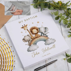 Personalised Large Linen Self-Adhesive My Christening-Baptism-First Holy Communion-Confirmation Photo Album Safari Animal Design ukgiftstoreonline