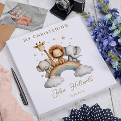 Personalised Large Linen Self-Adhesive My Christening-Baptism-First Holy Communion-Confirmation Photo Album Safari Animal Design ukgiftstoreonline