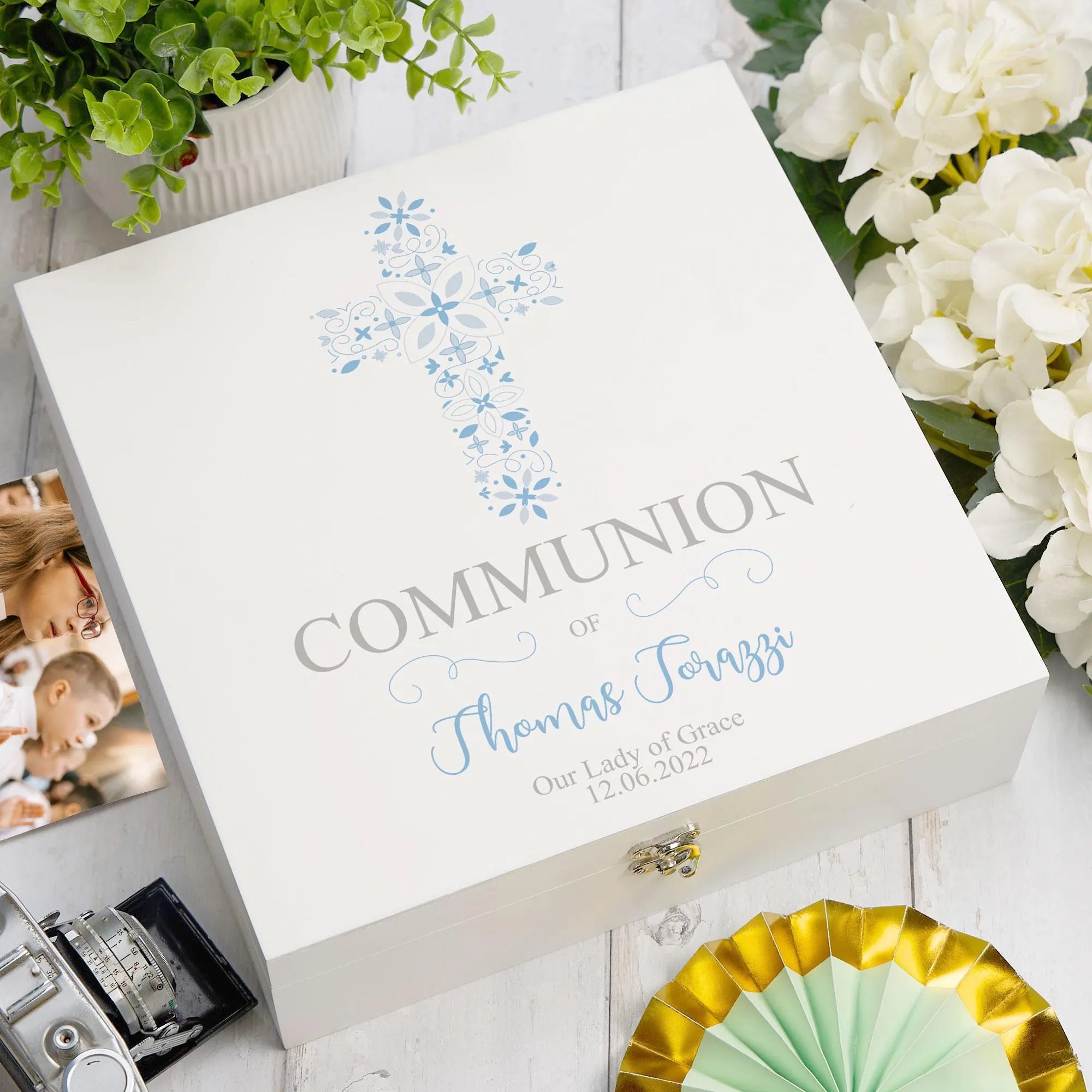 Personalised Communion Blue Ornate Cross Design Keepsake Wooden Box ukgiftstoreonline