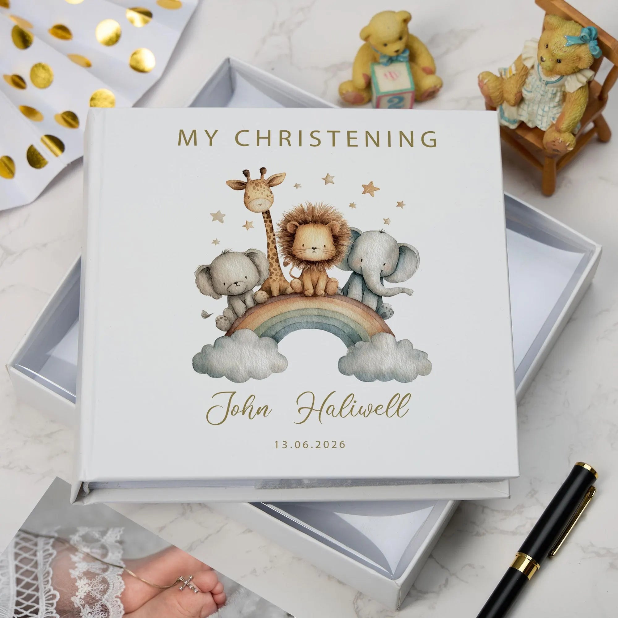 Personalised My Christening-Baptism-First Holy Communion-Confirmation Photo Album Gift Boxed Safari Animal Design ukgiftstoreonline