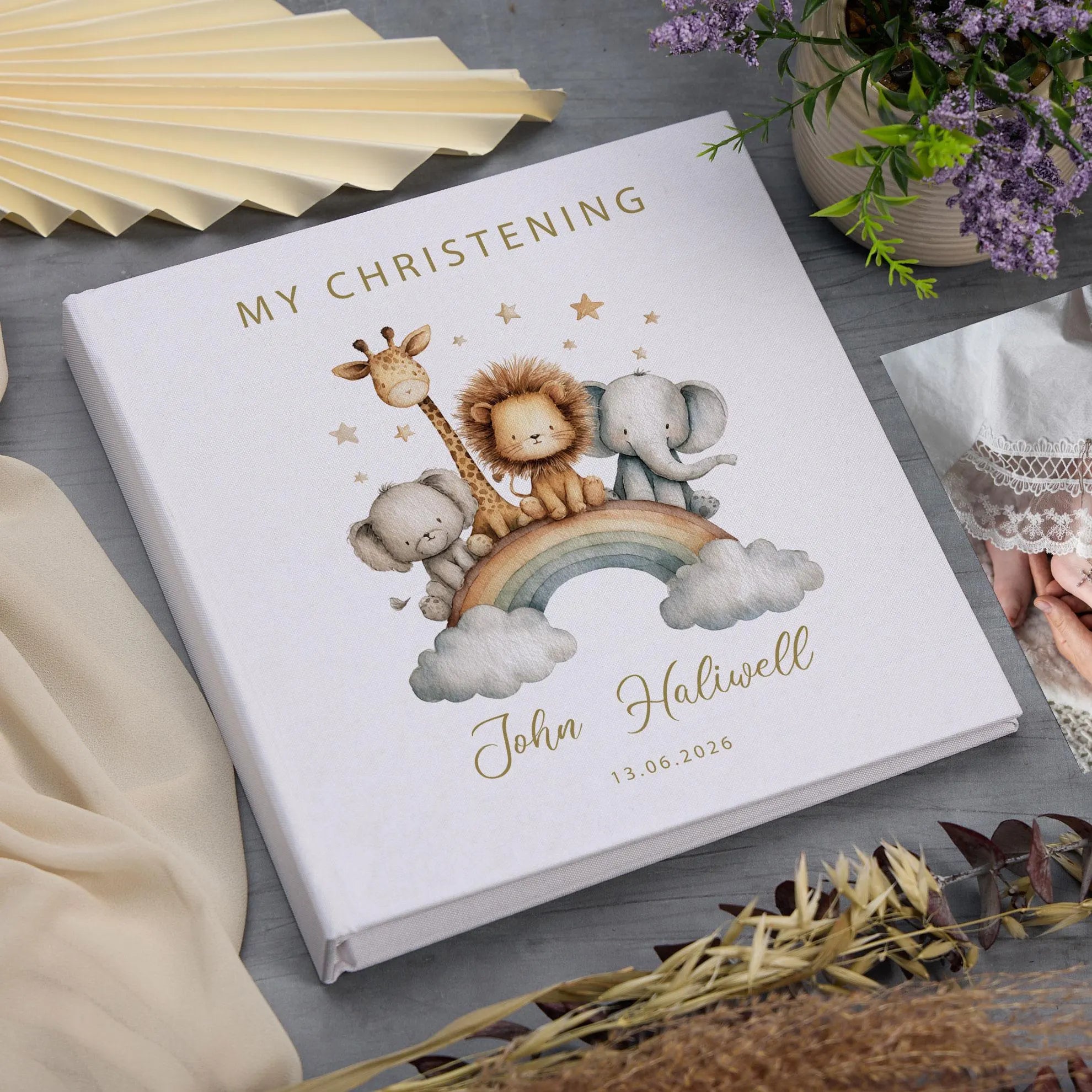 Large Personalised Book Bound My Christening-Baptism-First Holy Communion-Confirmation Memory Book Safari Animals Design Photo Album ukgiftstoreonline