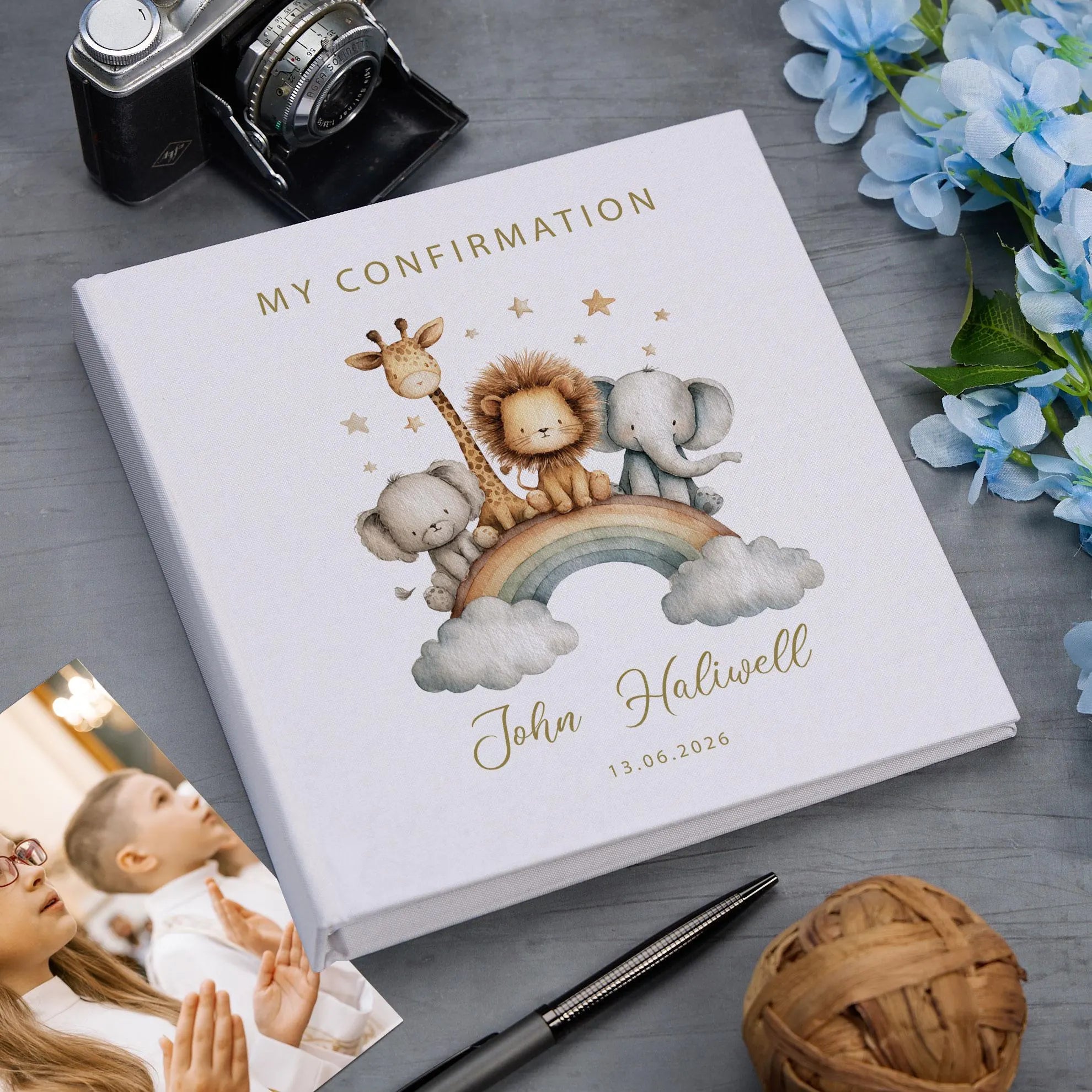 Large Personalised Book Bound My Christening-Baptism-First Holy Communion-Confirmation Memory Book Safari Animals Design Photo Album ukgiftstoreonline