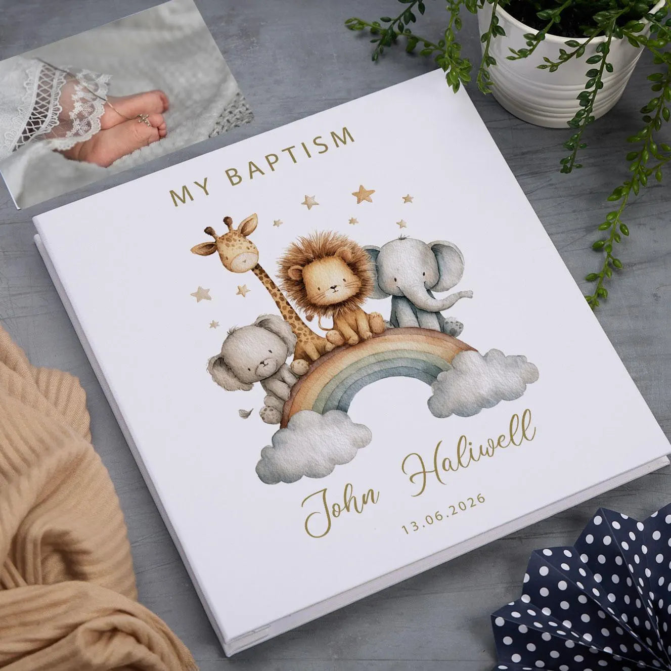 Personalised Large Linen Self-Adhesive My Christening-Baptism-First Holy Communion-Confirmation Photo Album Safari Animal Design ukgiftstoreonline