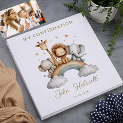 Personalised Large Linen Self-Adhesive My Christening-Baptism-First Holy Communion-Confirmation Photo Album Safari Animal Design ukgiftstoreonline