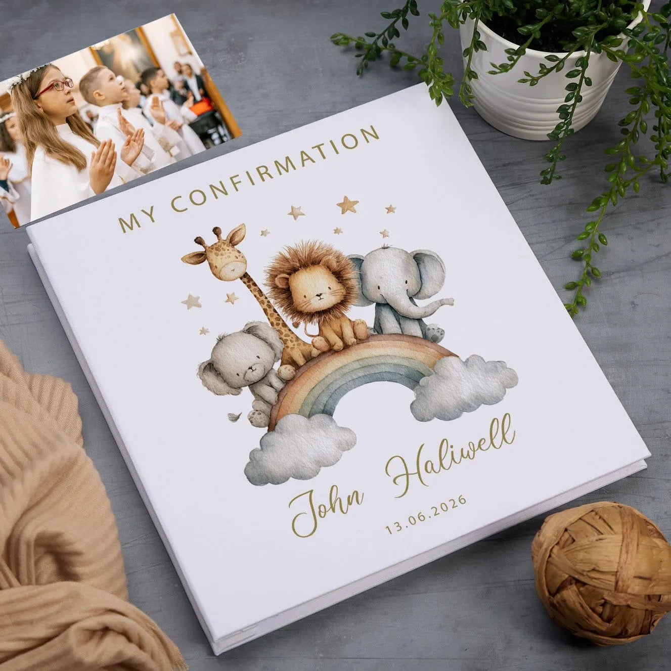 Personalised Large Linen Self-Adhesive My Christening-Baptism-First Holy Communion-Confirmation Photo Album Safari Animal Design ukgiftstoreonline
