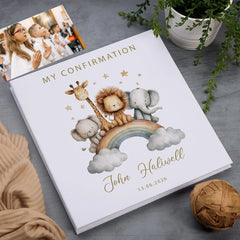 Personalised Large Linen Self-Adhesive My Christening-Baptism-First Holy Communion-Confirmation Photo Album Safari Animal Design ukgiftstoreonline