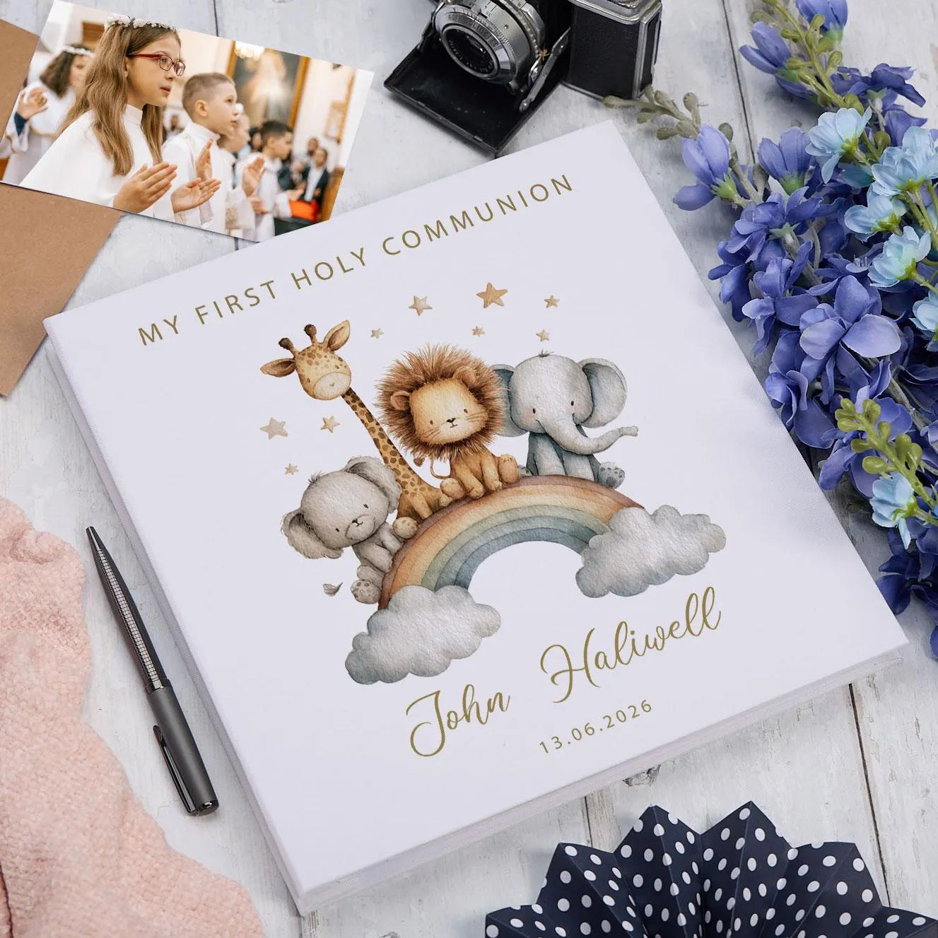 Personalised Large Linen Self-Adhesive My Christening-Baptism-First Holy Communion-Confirmation Photo Album Safari Animal Design ukgiftstoreonline