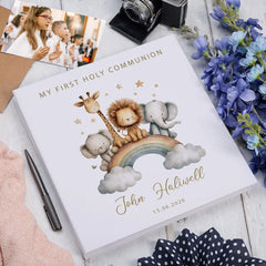 Personalised Large Linen Self-Adhesive My Christening-Baptism-First Holy Communion-Confirmation Photo Album Safari Animal Design ukgiftstoreonline