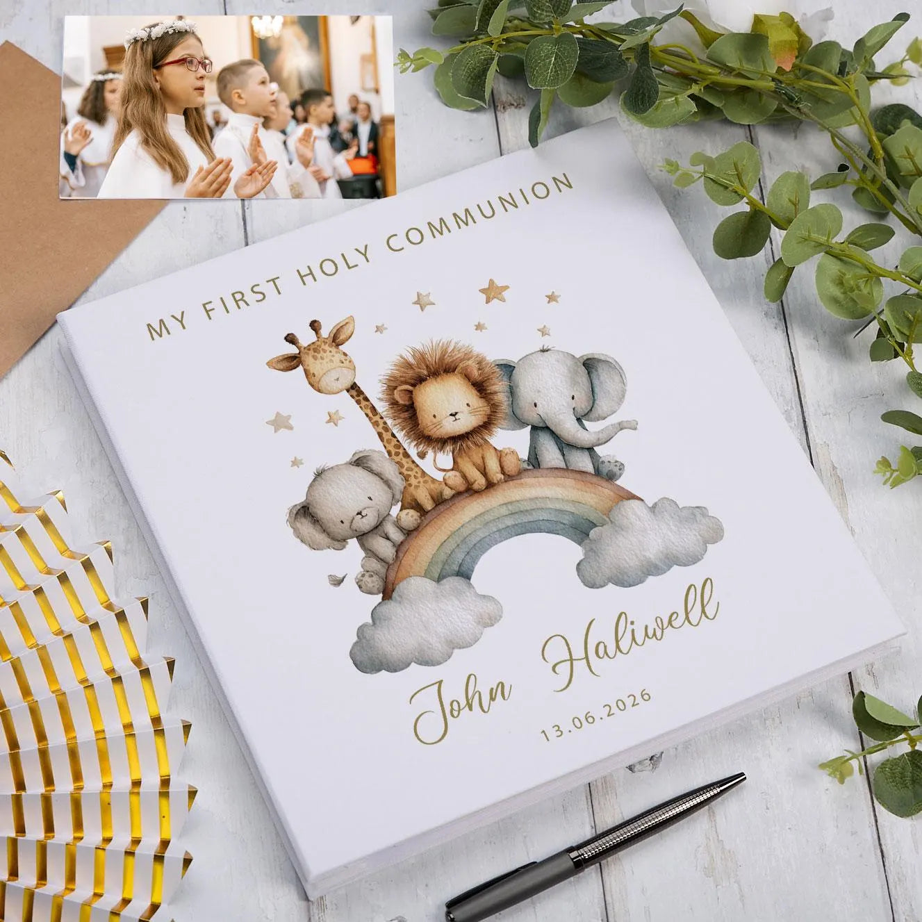 Personalised Large Linen Self-Adhesive My Christening-Baptism-First Holy Communion-Confirmation Photo Album Safari Animal Design ukgiftstoreonline