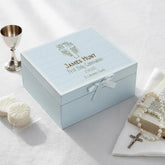 Personalised Holy Communion Blue Wooden Engraved Keepsake Box With Cross Design ukgiftstoreonline