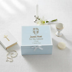 Personalised Holy Communion Blue Wooden Engraved Keepsake Box With Cross Design ukgiftstoreonline