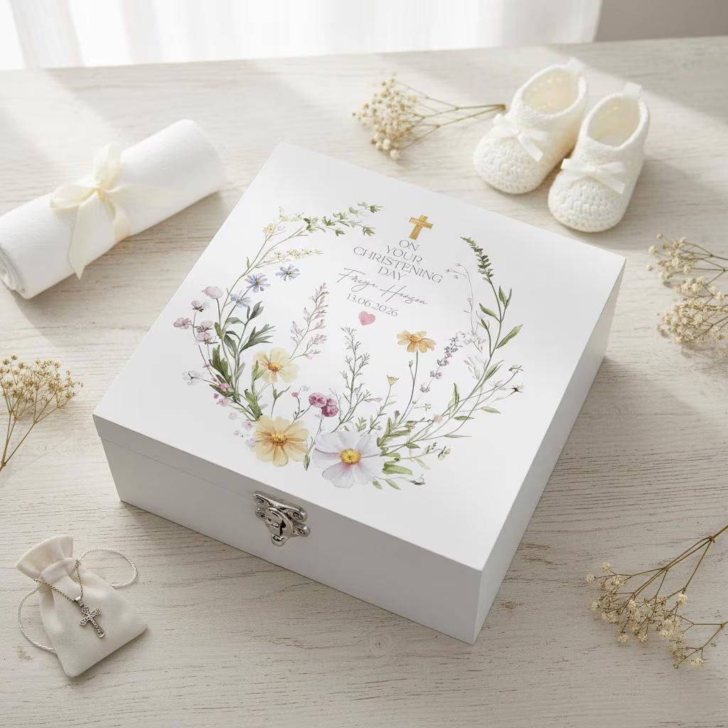 Personalised christening, Baptism or Communion gift Keepsake Memory Box Delicate Floral Design ukgiftstoreonline Large Wood Box