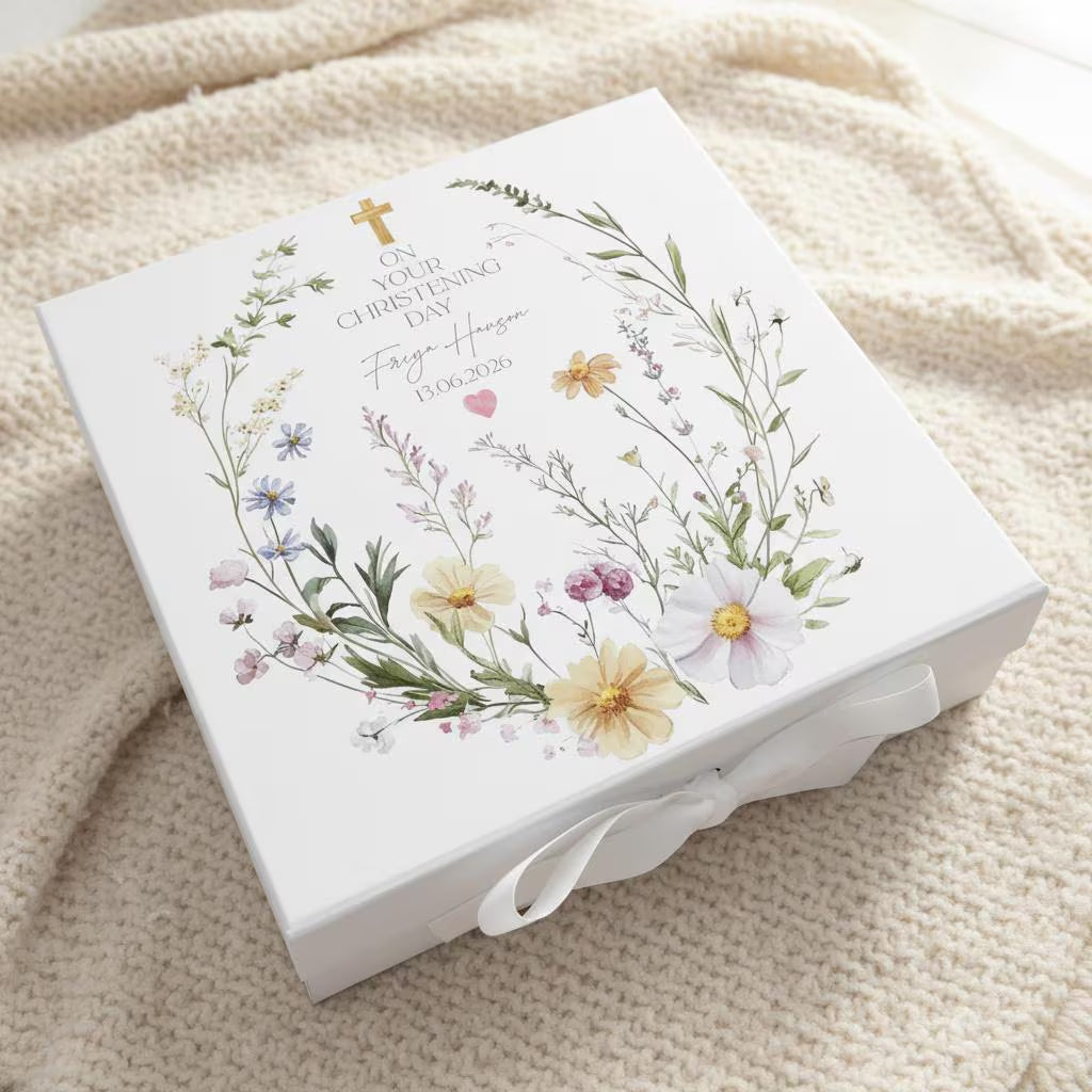 Personalised christening, Baptism or Communion gift Keepsake Memory Box Delicate Floral Design ukgiftstoreonline Medium Ribbon Box