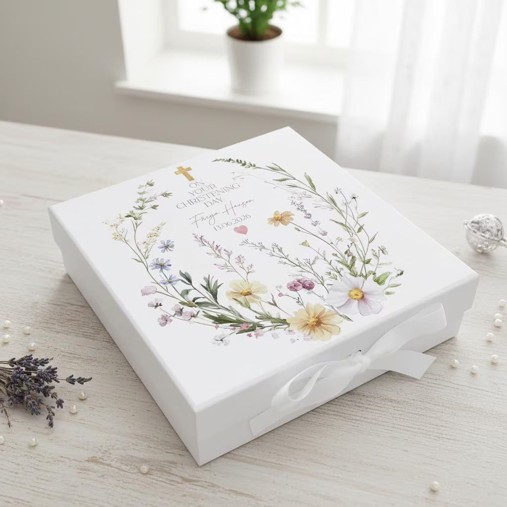 Personalised christening, Baptism or Communion gift Keepsake Memory Box Delicate Floral Design ukgiftstoreonline Large Ribbon Box