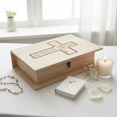 Personalised First Communion Gift Engraved Wooden Keepsake Memory Book Shape Box For Photos etc ukgiftstoreonline