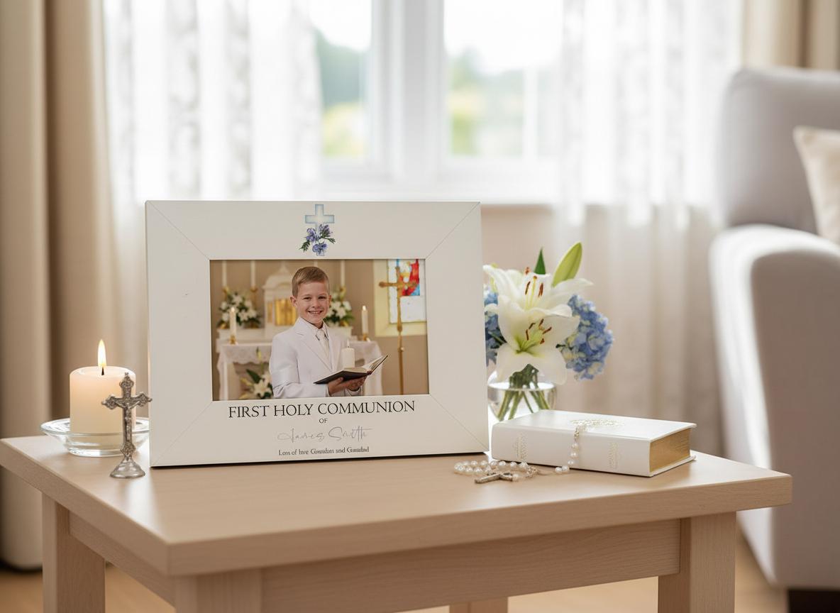 Personalised First Holy Communion Gift Photo Frame With Blue Cross for Boy ukgiftstoreonline