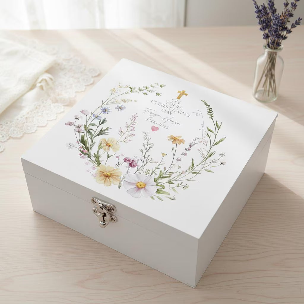 Personalised christening, Baptism or Communion gift Keepsake Memory Box Delicate Floral Design ukgiftstoreonline