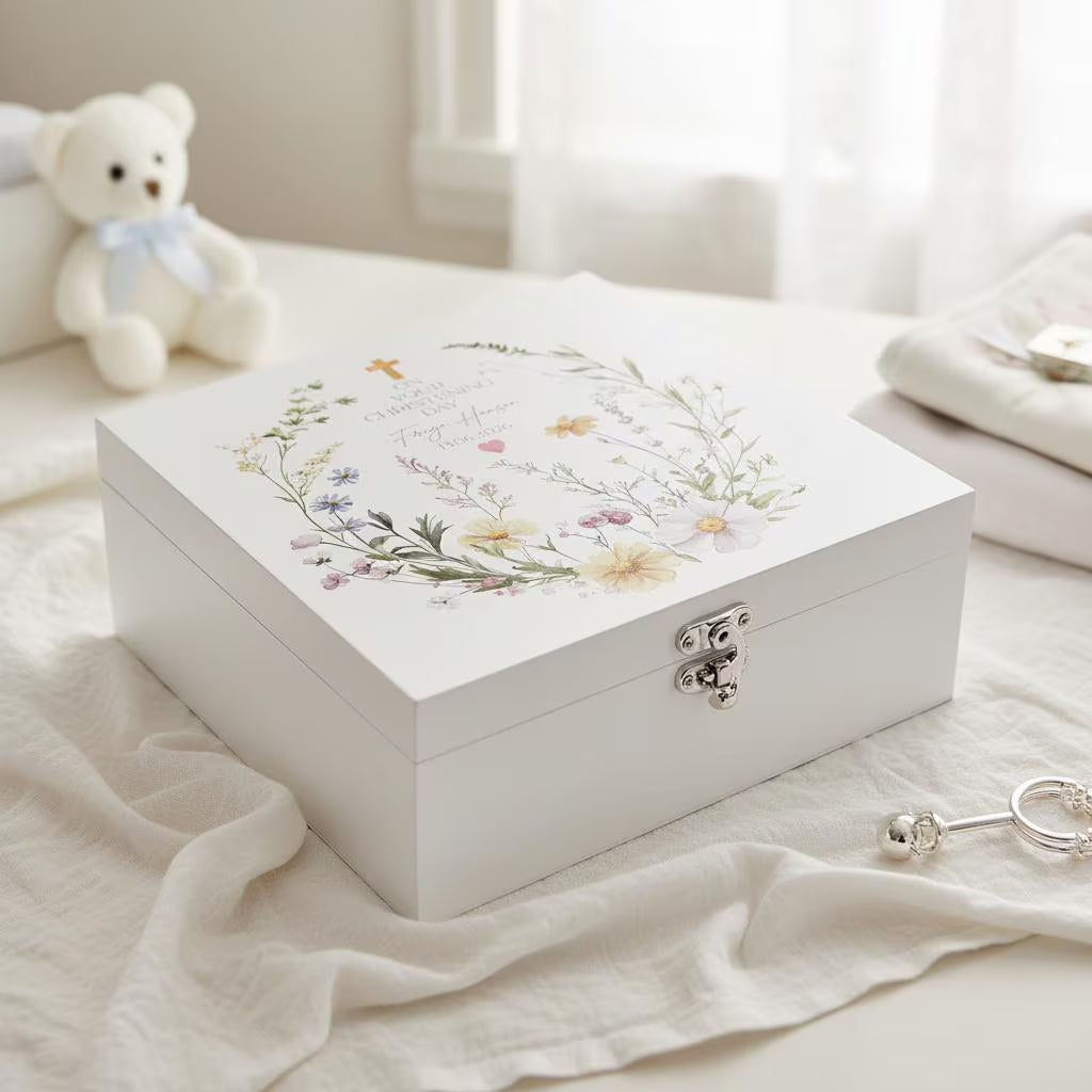 Personalised christening, Baptism or Communion gift Keepsake Memory Box Delicate Floral Design ukgiftstoreonline