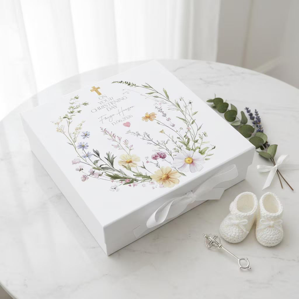 Personalised christening, Baptism or Communion gift Keepsake Memory Box Delicate Floral Design ukgiftstoreonline