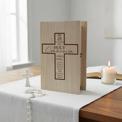 Personalised First Communion Gift Engraved Wooden Keepsake Memory Book Shape Box For Photos etc ukgiftstoreonline