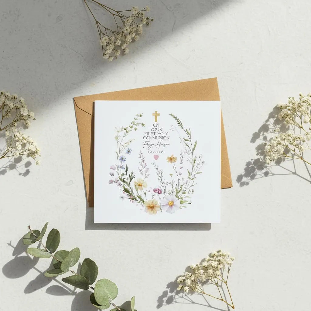 Personalised Luxury Linen First Holy Communion Card - Custom Name & Date, Catholic Card for Girl ukgiftstoreonline