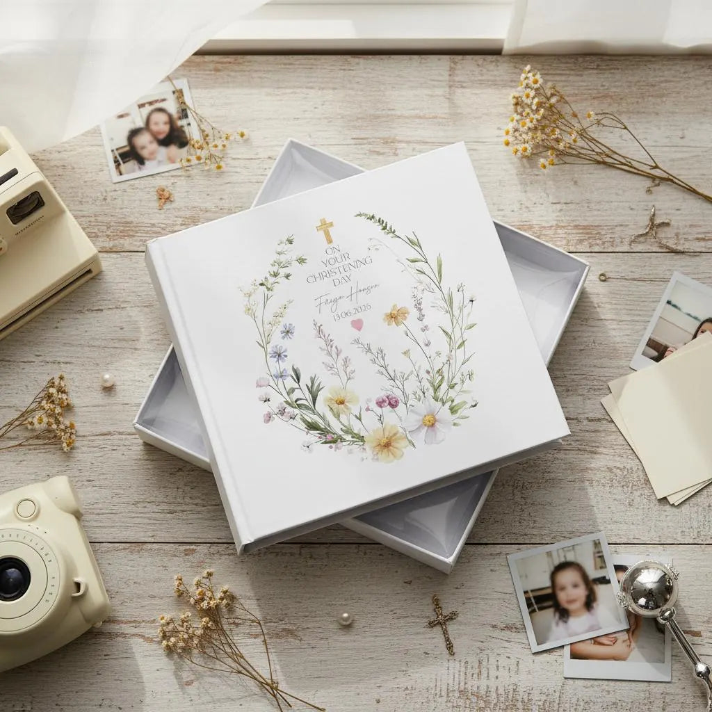 Personalised Christening Baptism Communion, Delicate Floral Design Photo Album In Gift Box ukgiftstoreonline