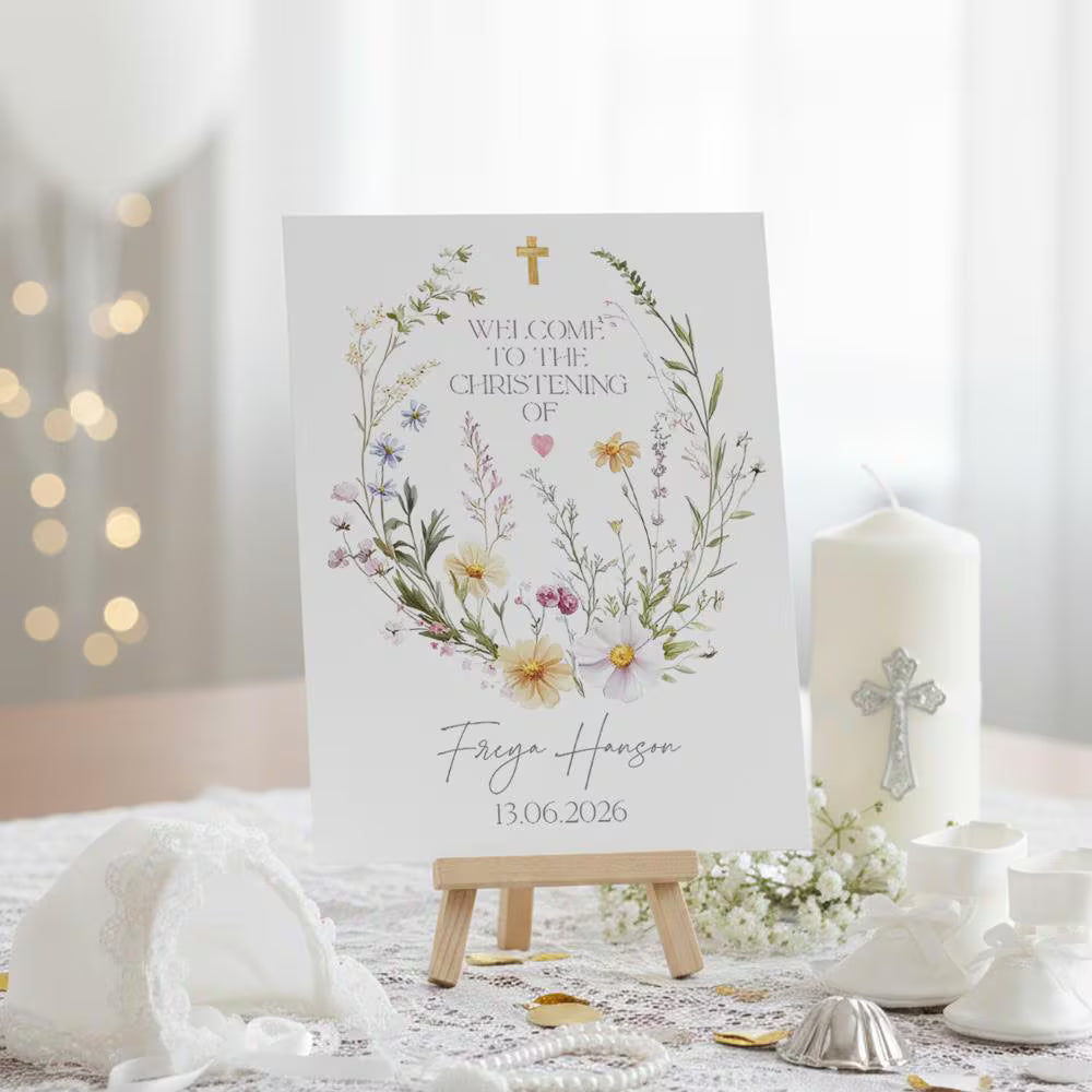 Personalised Gentle Floral Design For Christening Baptism Communions and Confirmation Sign and Easel ukgiftstoreonline