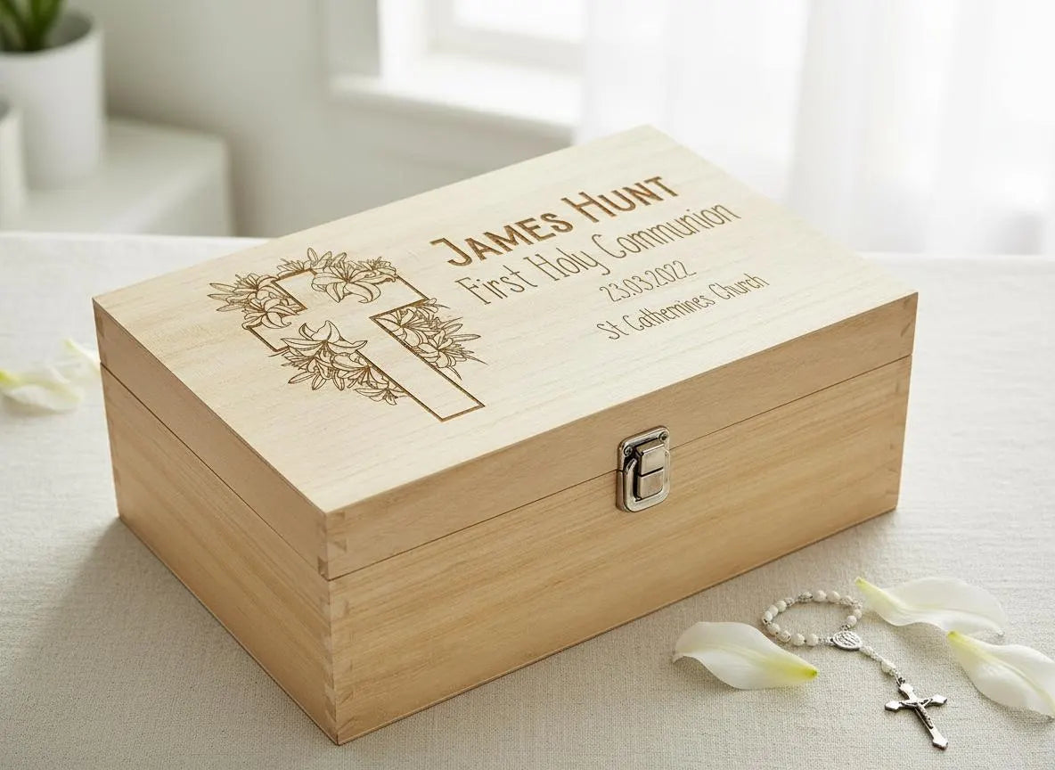 Personalised Communion Memory Keepsake Box With Floral Cross ukgiftstoreonline