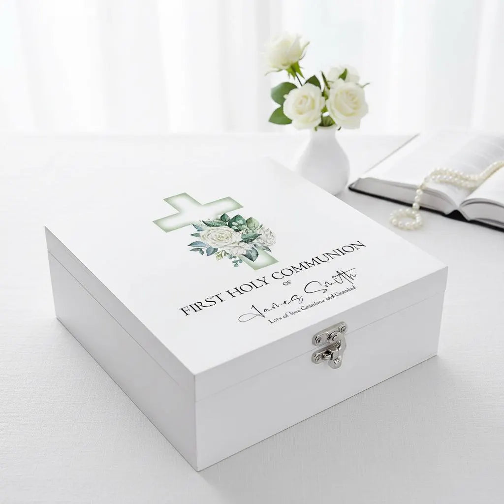 Personalised First Holy Communion Wooden Keepsake Memory Box Green Cross ukgiftstoreonline