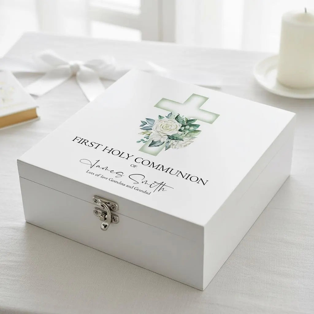 Personalised First Holy Communion Wooden Keepsake Memory Box Green Cross ukgiftstoreonline