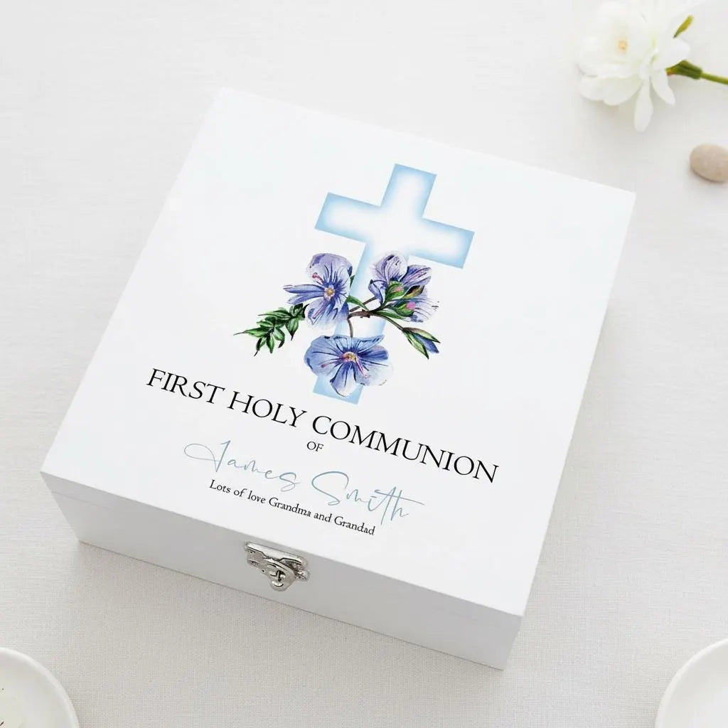 Personalised First Holy Communion Wooden Keepsake Memory Box Blue Cross ukgiftstoreonline