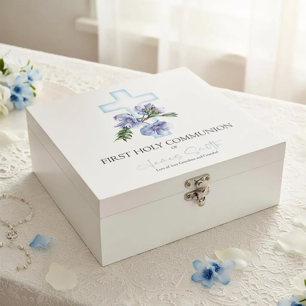 Personalised First Holy Communion Wooden Keepsake Memory Box Blue Cross ukgiftstoreonline