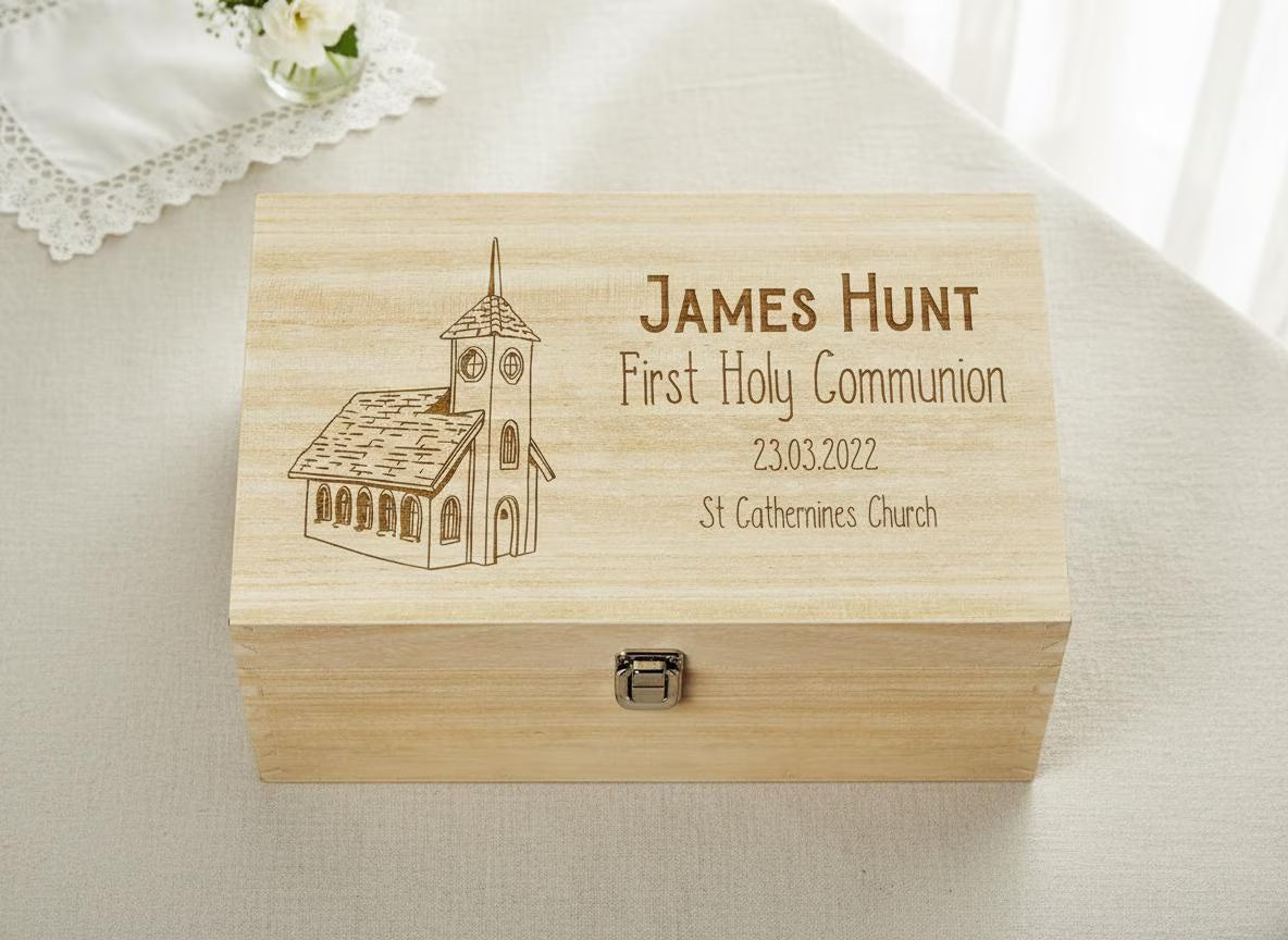 Personalised Large Wooden Communion Memory Keepsake Box Church Design ukgiftstoreonline