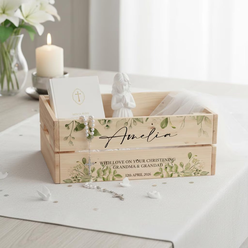 Personalised Crate Box Gift For Christening Baptism Communion or Confirmation ukgiftstoreonline