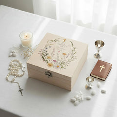 Personalised Wooden Box Keepsake Memory Gift Gentle Floral Design For Christening Baptism Communions and Confirmation