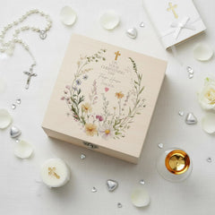 Personalised Wooden Box Keepsake Memory Gift Gentle Floral Design For Christening Baptism Communions and Confirmation