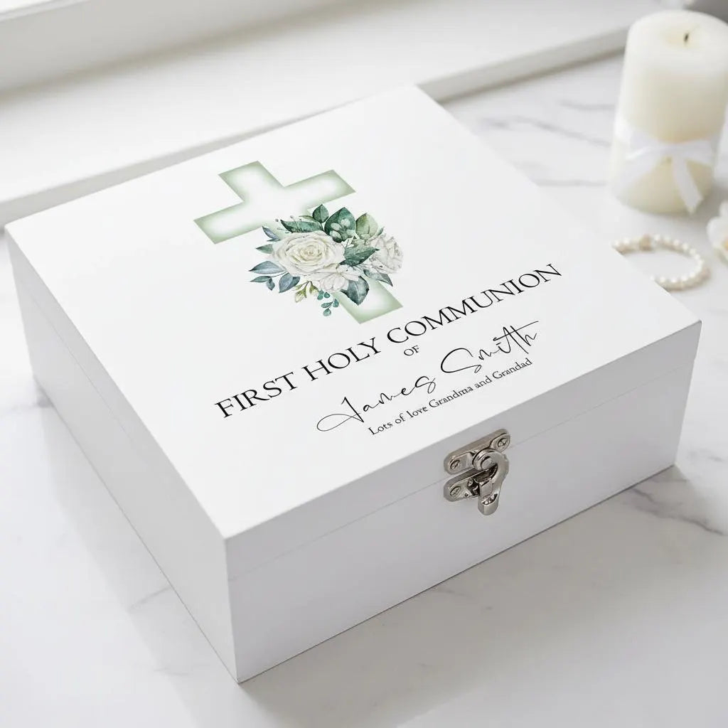 Personalised First Holy Communion Wooden Keepsake Memory Box Green Cross ukgiftstoreonline