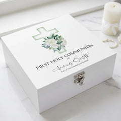 Personalised First Holy Communion Wooden Keepsake Memory Box Green Cross ukgiftstoreonline