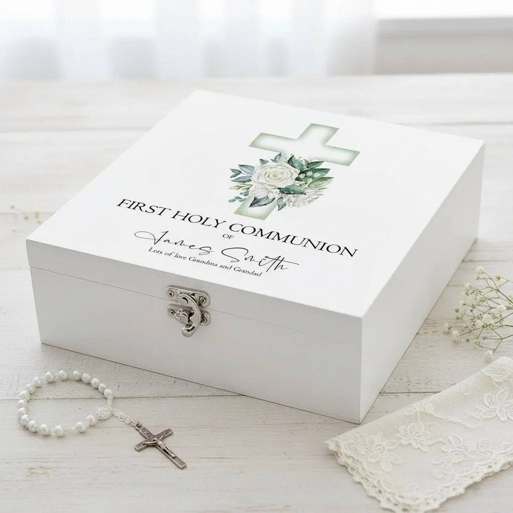 Personalised First Holy Communion Wooden Keepsake Memory Box Green Cross ukgiftstoreonline