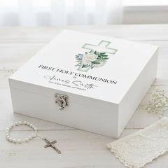 Personalised First Holy Communion Wooden Keepsake Memory Box Green Cross ukgiftstoreonline